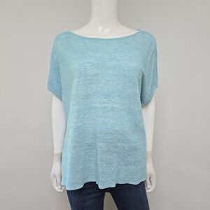 Eileen Fisher Oversized Sweater Top Size M 100% Linen Blue Side Slits Lagenlook